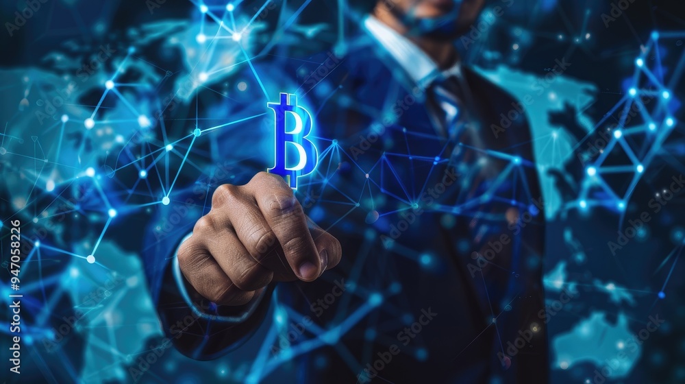 Poster businessman completing a foreign currency transaction with blockchain