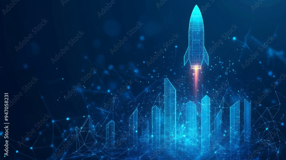 Aufkleber abstract growth graph chart with launch rocket on technology blue background. startup and success bu