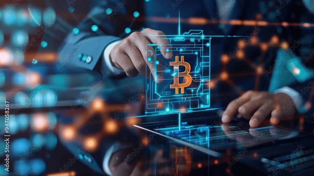 Poster businessman executing a blockchain-enabled currency exchange
