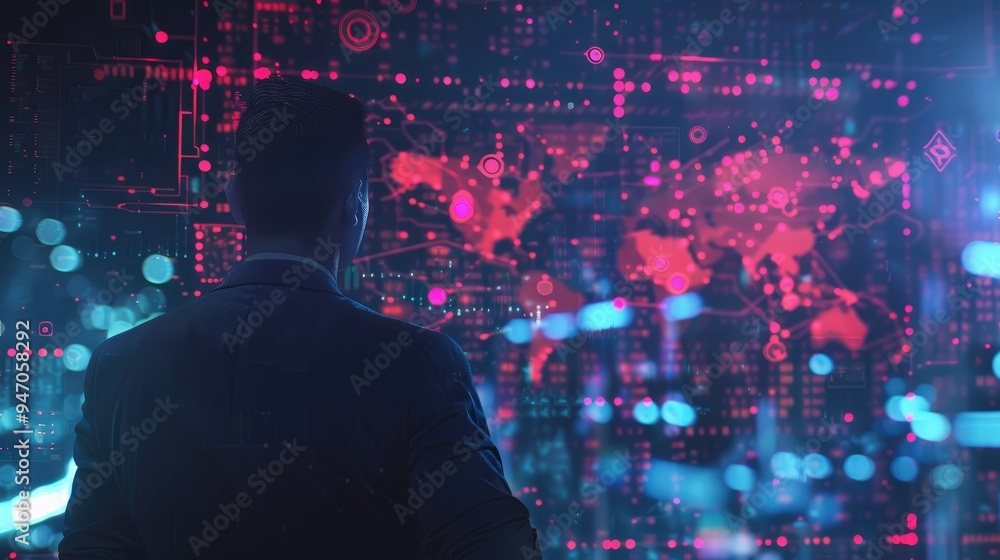 Poster businessman executing a blockchain-enabled currency exchange