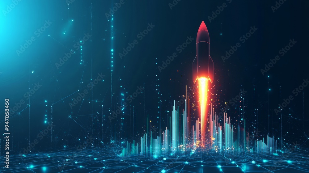 Aufkleber abstract growth graph chart with launch rocket on technology blue background. startup and success bu