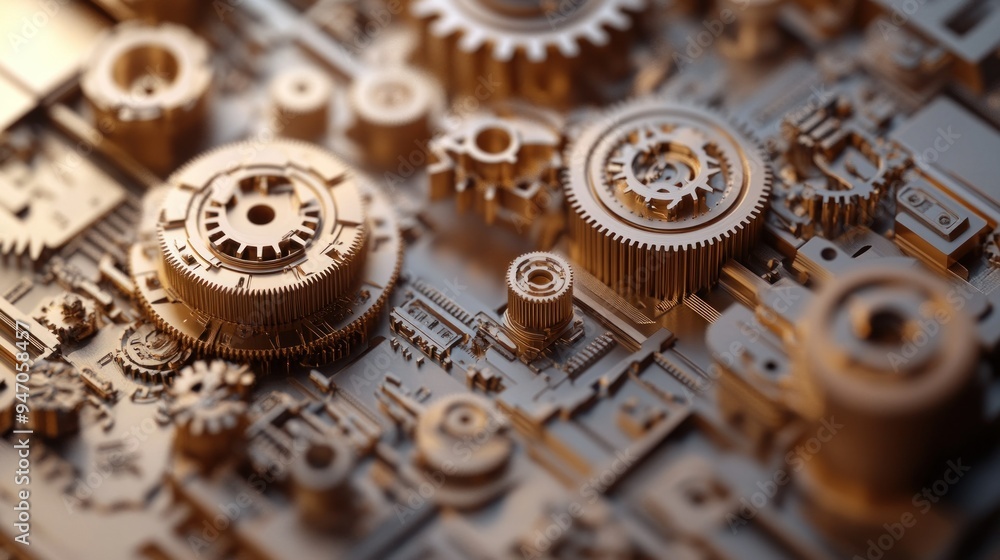 Poster close-up of interlocking gears in a complex machine