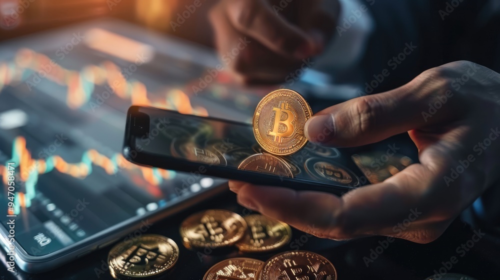 Poster businessman using a blockchain wallet for foreign currency exchange