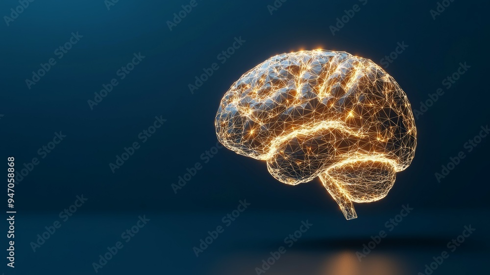 Poster a brain made of lines and dots is floating in the air
