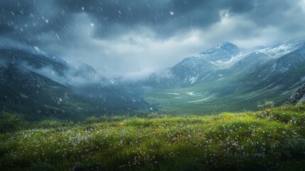 Scenic mountain landscape with blooming meadow under a cloudy sky, perfect for nature and travel imagery.