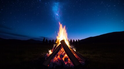 A vibrant campfire illuminates the night sky, creating a warm ambiance under a starlit landscape.