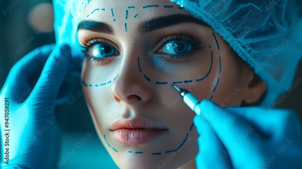 Aufkleber closeup of a surgeon using a marker to outline specific areas on a patient s face in for a medical p