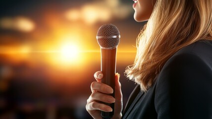 A woman is holding a microphone and smiling