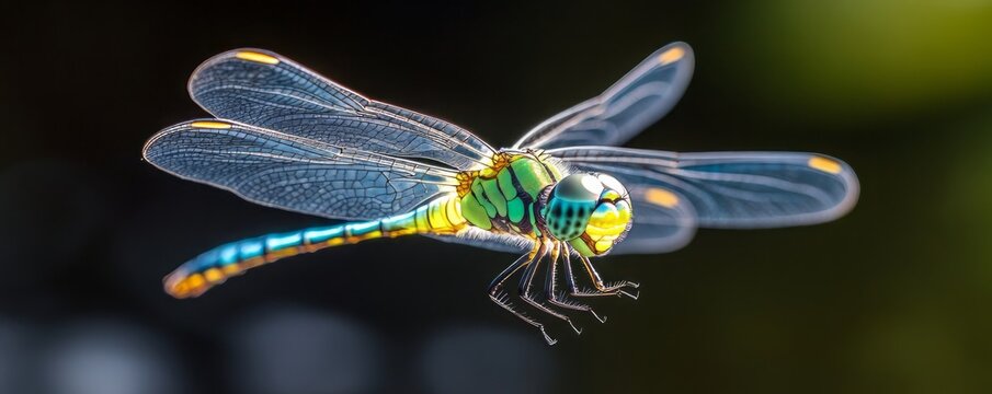 A vibrant dragonfly in mid-flight, showcasing intricate details and brilliant colors against a blurred natural background.