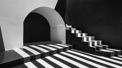 Abstract black and white interior design with a staircase and arch.