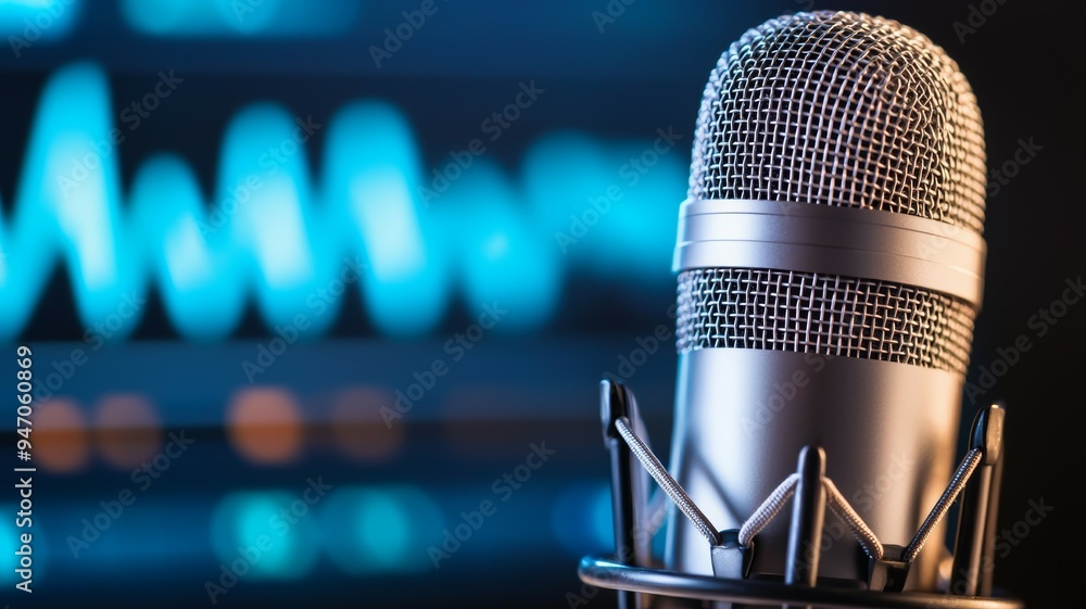 Poster a microphone is sitting on a stand in front of a computer monitor