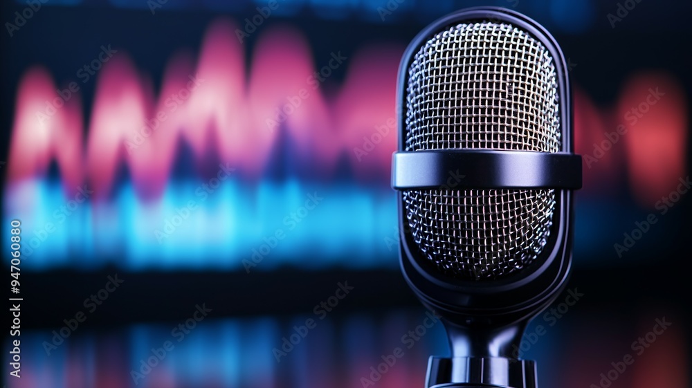 Poster a microphone is on a table in front of a colorful background