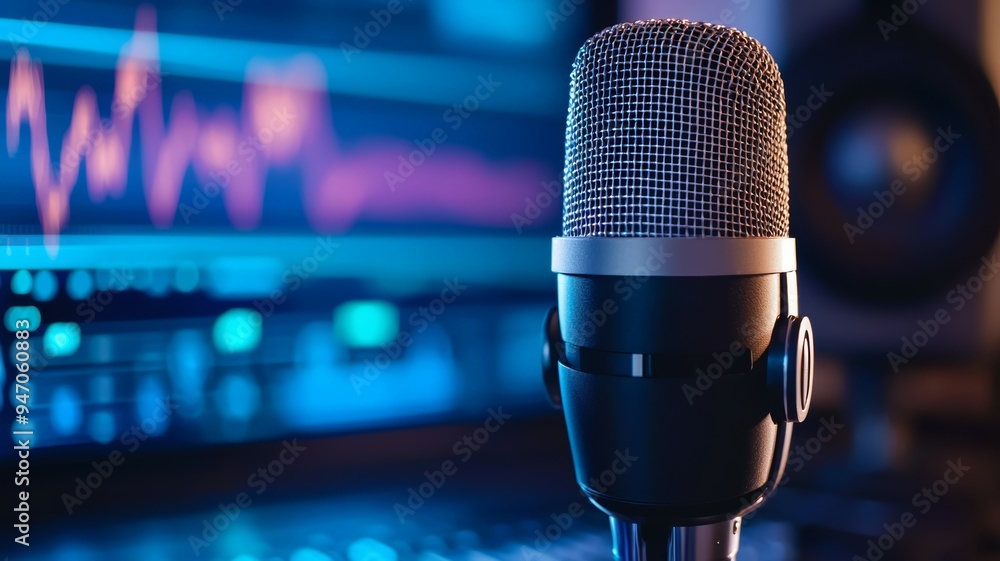 Poster a microphone is placed in front of a computer monitor with a blue background