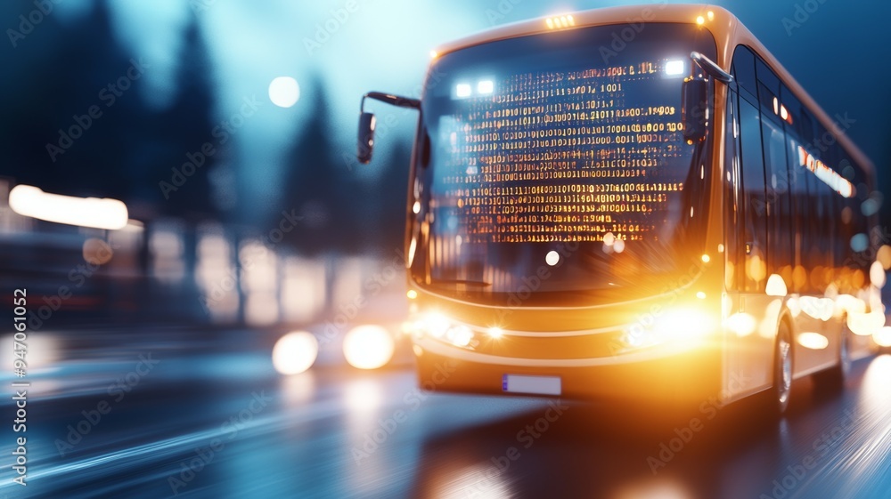 Poster a bus is driving down a street with a computer screen on the front of the bus