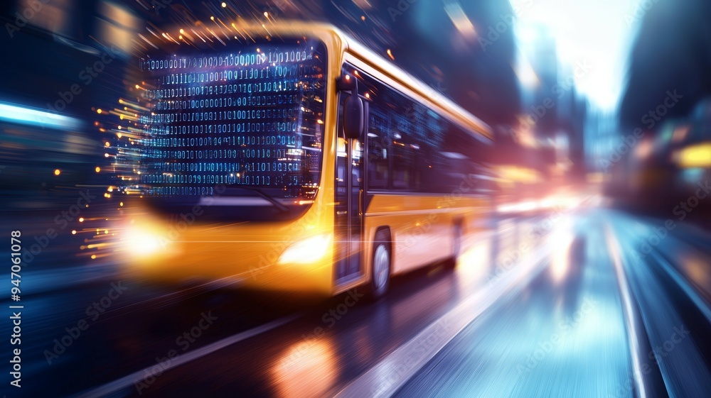 Poster a yellow bus is speeding down a road with a computer screen on the front