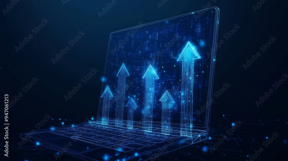 Poster abstract high speed growth up arrows on a laptop screen. fast internet concept. boost metaphor on te