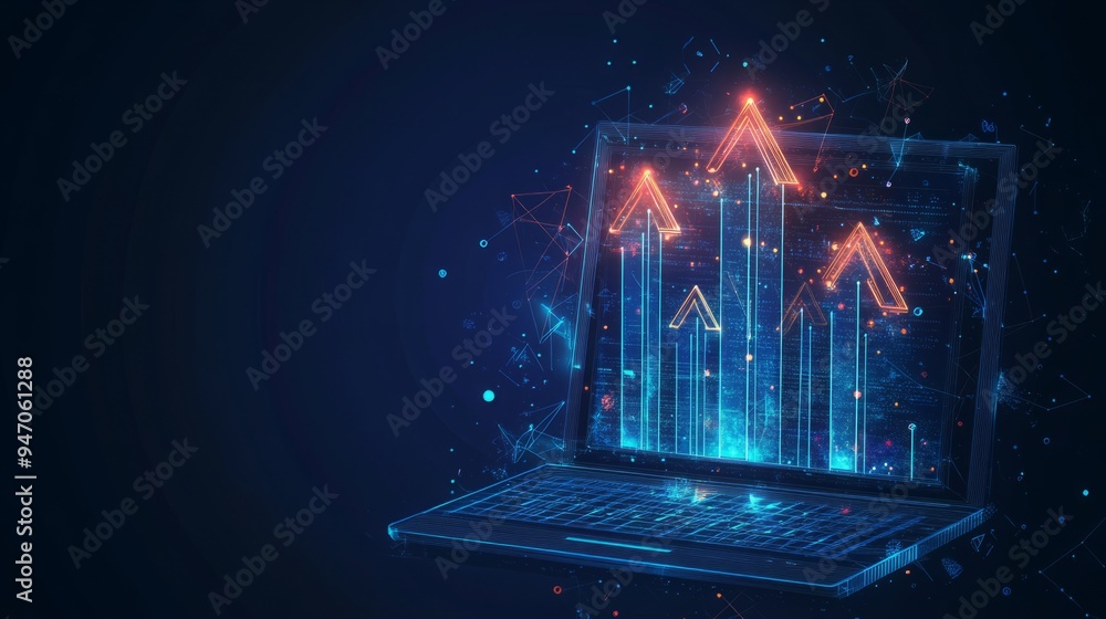 Poster abstract high speed growth up arrows on a laptop screen. fast internet concept. boost metaphor on te