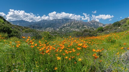 Fototapeta premium Orange Wildflowers in a Mountain Meadow.