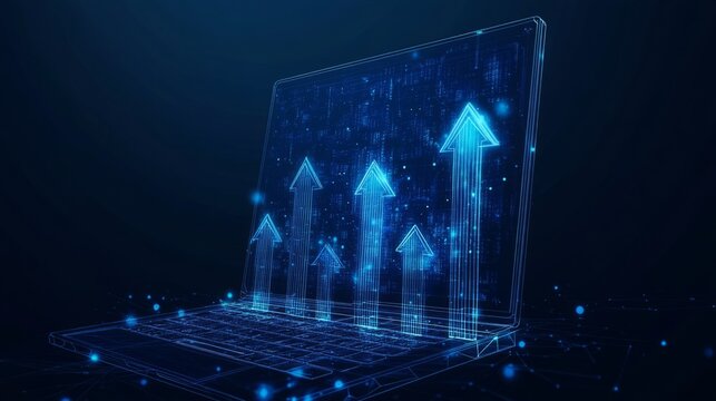 Abstract high speed growth up arrows on a laptop screen. Fast internet concept. Boost metaphor on technology dark blue background. Digital vector illustration in futuristic low poly wireframe style. 