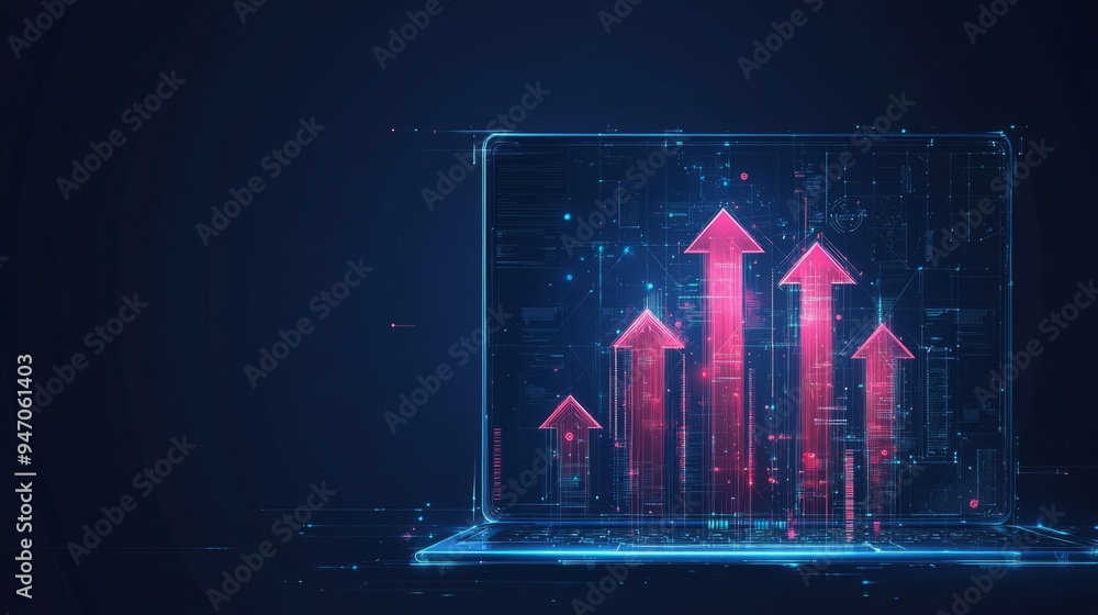 Poster abstract high speed growth up arrows on a laptop screen. fast internet concept. boost metaphor on te