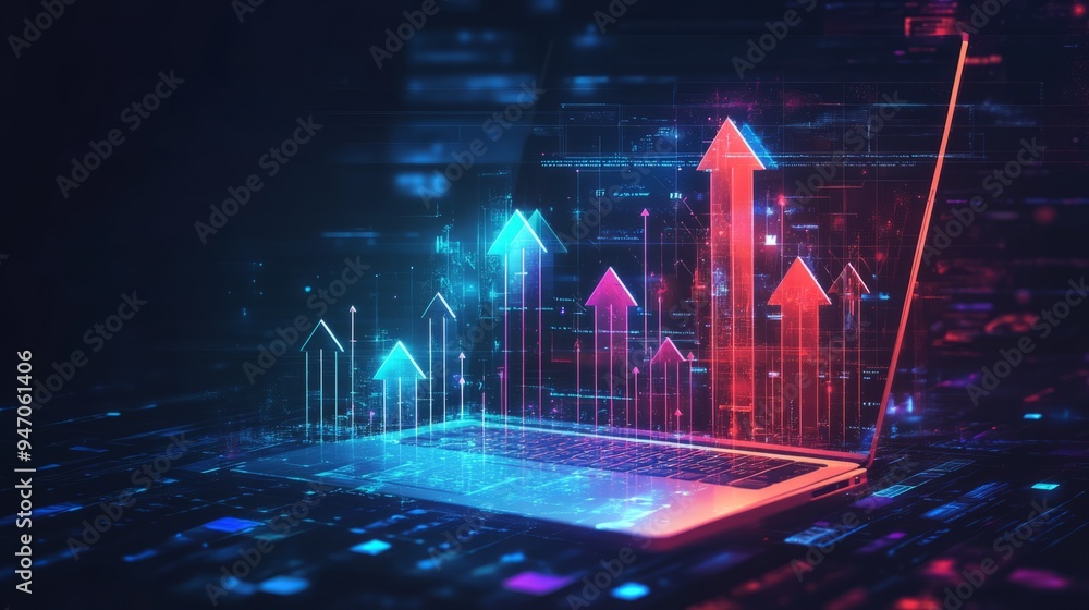 Aufkleber abstract high speed growth up arrows on a laptop screen. fast internet concept. boost metaphor on te