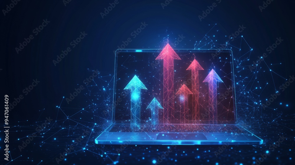 Aufkleber abstract high speed growth up arrows on a laptop screen. fast internet concept. boost metaphor on te