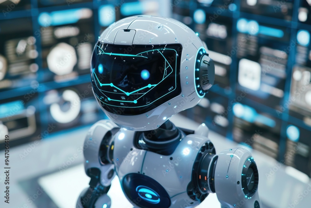 Aufkleber A robot stands in front of a wall with a simple and industrial design