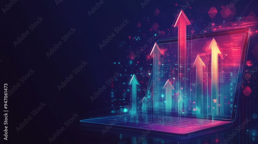 Poster abstract high speed growth up arrows on a laptop screen. fast internet concept. boost metaphor on te
