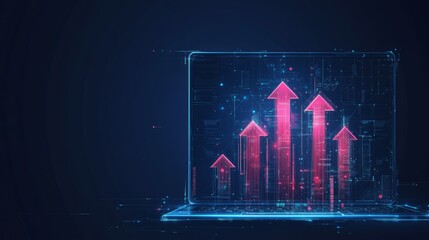 Naklejka premium Abstract high speed growth up arrows on a laptop screen. Fast internet concept. Boost metaphor on technology dark blue background. Digital vector illustration in futuristic low poly wireframe style. 