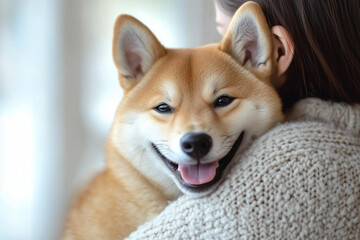 柴犬を抱きしめる女性の背中