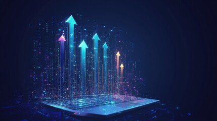 Abstract high speed growth up arrows on a laptop screen. Fast internet concept. Boost metaphor on technology dark blue background. Digital vector illustration in futuristic low poly wireframe style. 