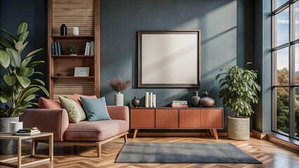 Living room with frame mockup, modern furniture, living room interior