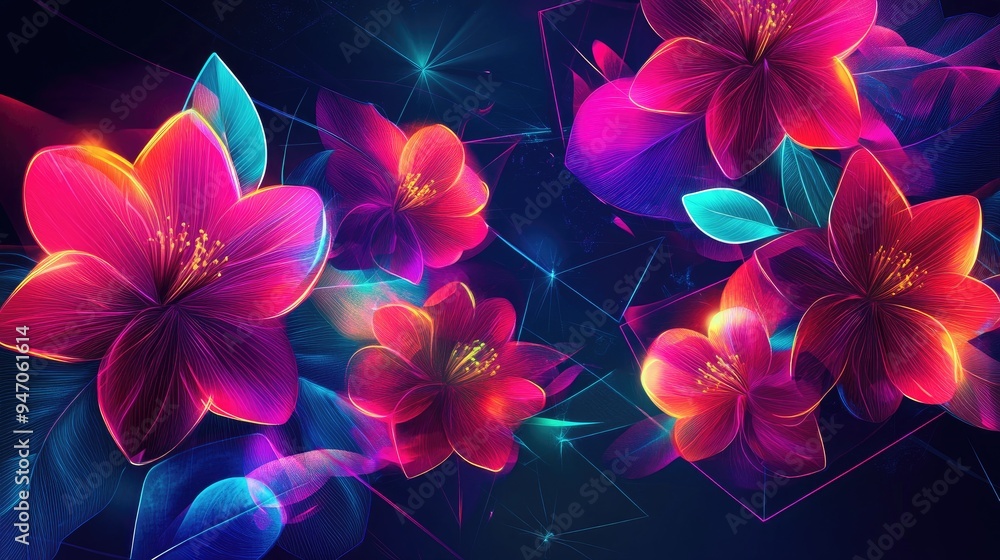 Poster various abstract digital flowers with neon geometric lines and a mix of vibrant colors, creating a c