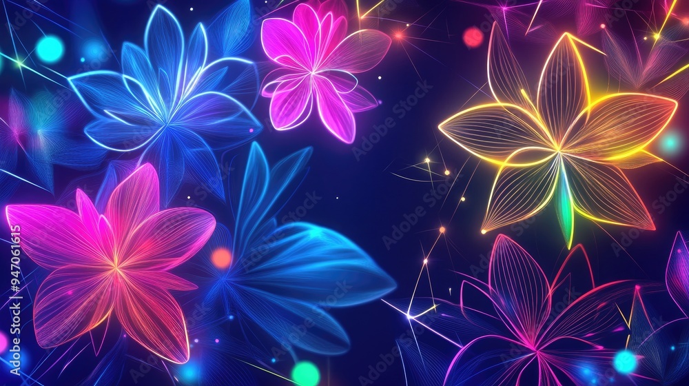 Poster various abstract digital flowers with neon geometric lines and a mix of vibrant colors, creating a c