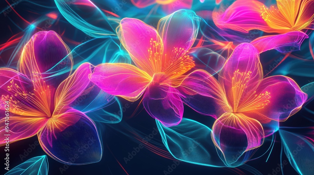 Poster various abstract digital flowers with neon geometric lines and a mix of vibrant colors, creating a c