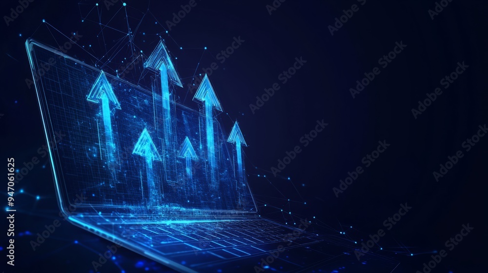 Poster abstract high speed growth up arrows on a laptop screen. fast internet concept. boost metaphor on te