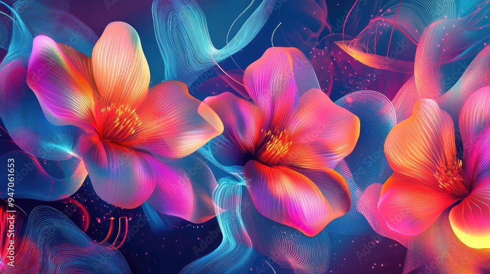 Poster various abstract digital flowers with vibrant neon lines and geometric shapes, set against a colorfu