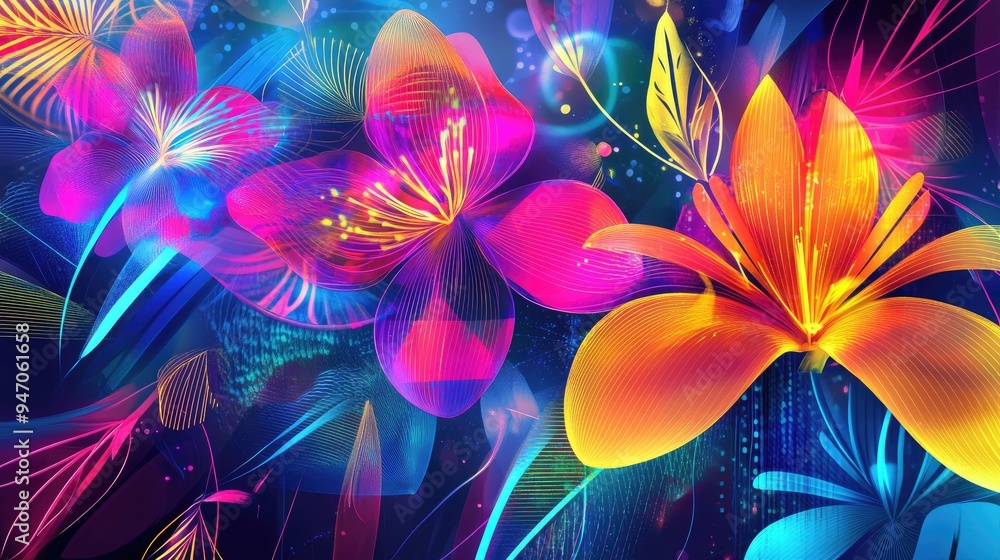 Poster various abstract digital flowers with vibrant neon lines and geometric shapes, set against a colorfu