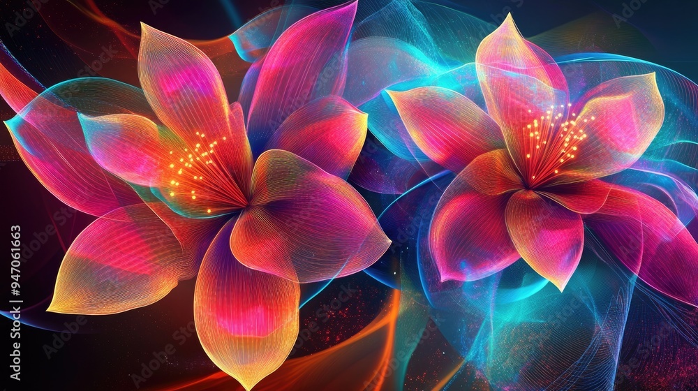 Poster various abstract digital flowers with vibrant neon lines and geometric shapes, set against a colorfu
