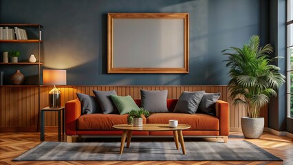 Living room with frame mockup, modern furniture, living room interior