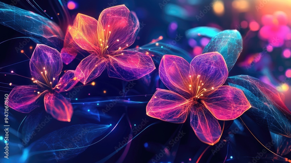Poster various digital flowers with bright neon lines and geometric shapes, set against a vibrant vector ba