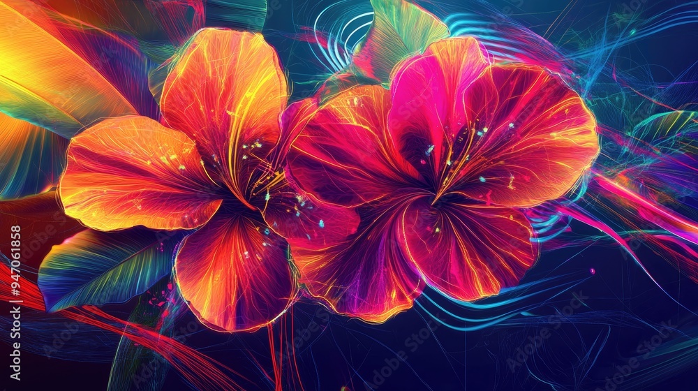 Poster various digital flowers with bright neon lines and geometric shapes, set against a vibrant vector ba
