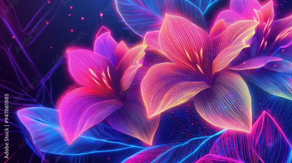 Poster various digital flowers with bright neon lines and geometric shapes, set against a vibrant vector ba