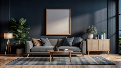 Living room with frame mockup, modern furniture, living room interior