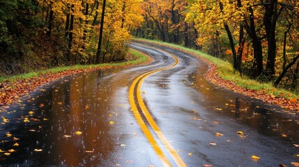 Fototapeta premium Wet Road Winding Through Autumn Forest with Raindrops