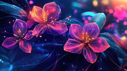Various digital flowers with bright neon lines and geometric shapes, set against a vibrant vector background, creating a mesmerizing visual effect
