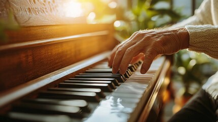 Senior man playing the piano in a sunlit room, his fingers gracefully touching the keys, highlighting passion and the joy of maintaining hobbies