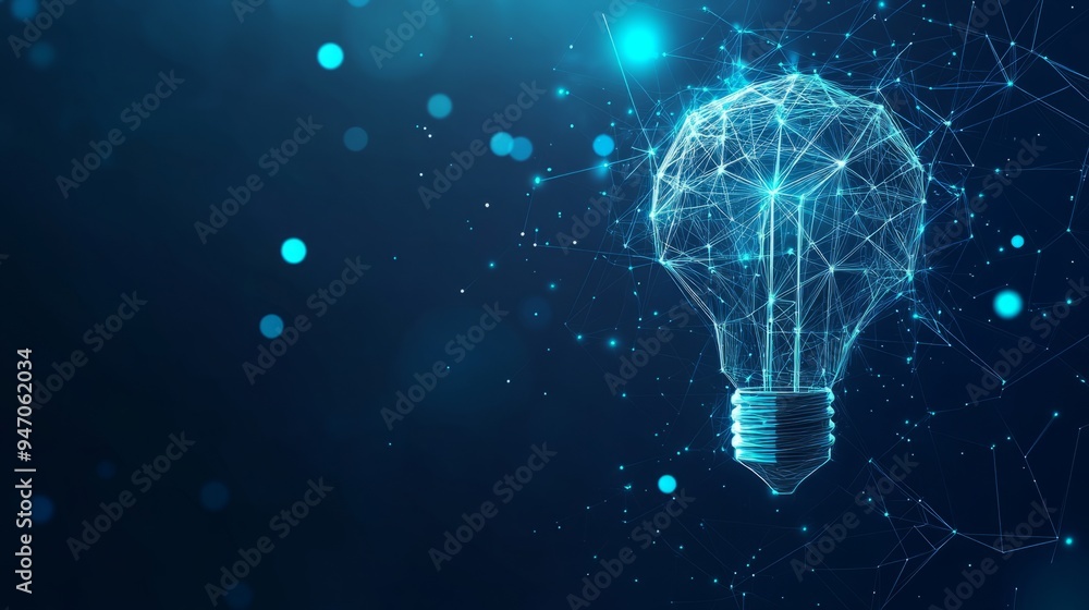 Poster abstract linked blocks and digital light bulb on technology blue background. blockchain idea concept