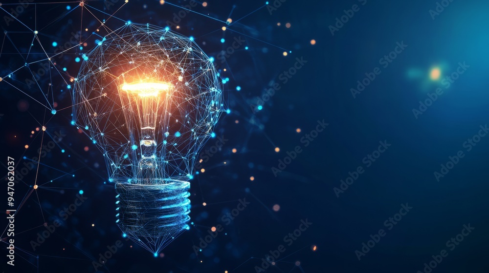 Poster abstract linked blocks and digital light bulb on technology blue background. blockchain idea concept