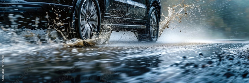 Wall mural Raindrops splatter as they cascade from the wheels of a black SUV racing along a paved roadway.